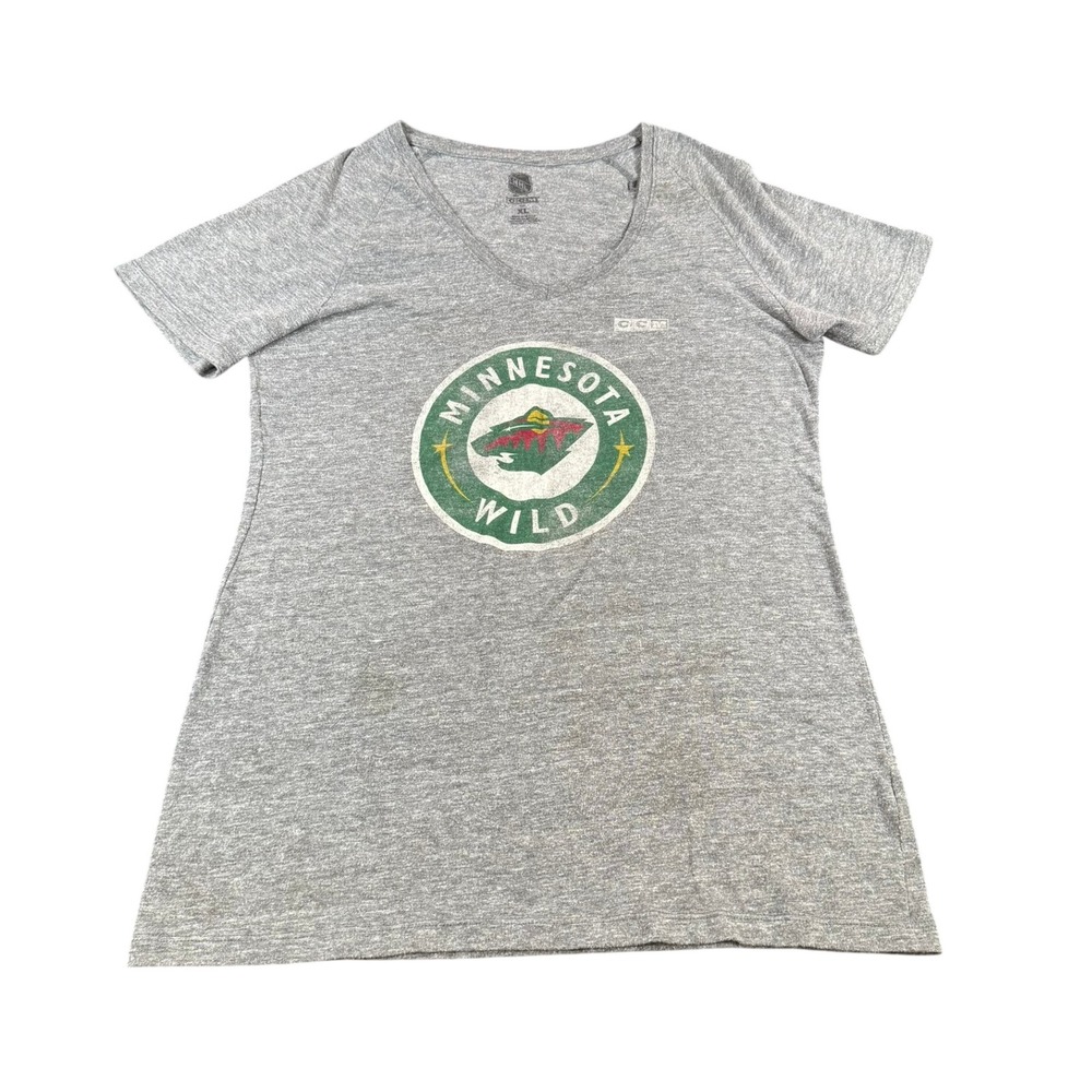 CCM Minnesota Wild NHL Womens XL Heather Gray V-Neck Graphic T-Shirt Hockey